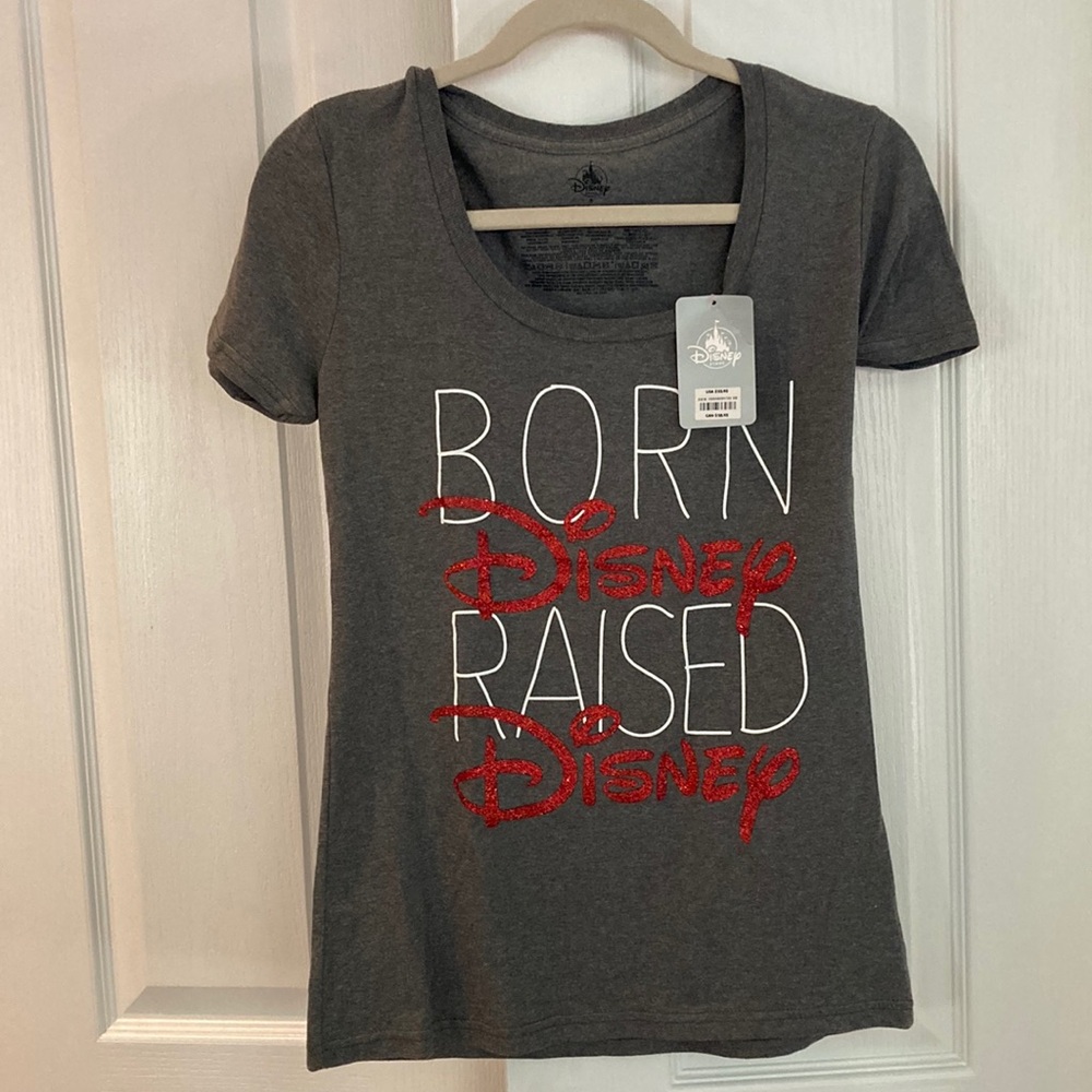 Disney Gray T-Shirt with Red Glitter Text Womens Size S Scoopneck TShirt